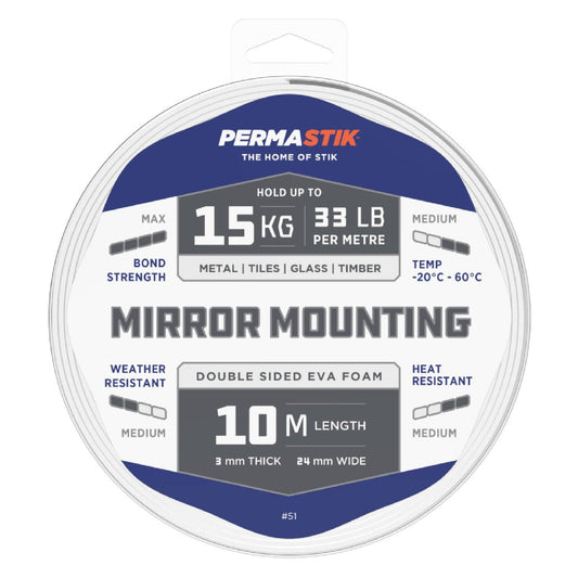 Permastik Mirror Mounting Tape - 10m x 24mm - Foam - Max Bond Strength