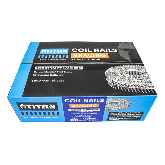 Titan Collated Coil Nail Screw 32 x 2.5mm - 3600 Pack - Electro Galvanised - Corrosion Resistant - Auzzistore
