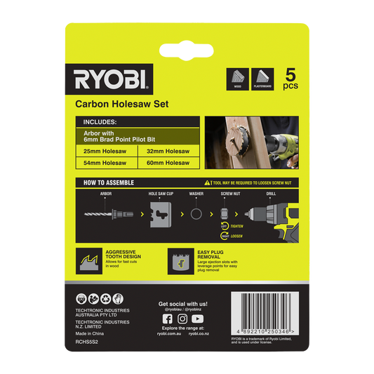 Ryobi 5 Piece Carbon Holesaw Set - 25mm to 60mm - Fast Cutting - RCHS5S2 – view 2 - Auzzistore