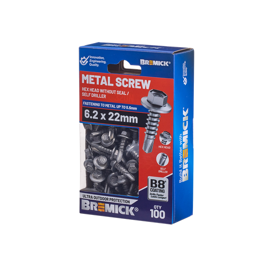 Bremick Metal Hex Screw 6.2 x 22mm - Box of 100 - Self-Drilling - Corrosion Resistant - Auzzistore
