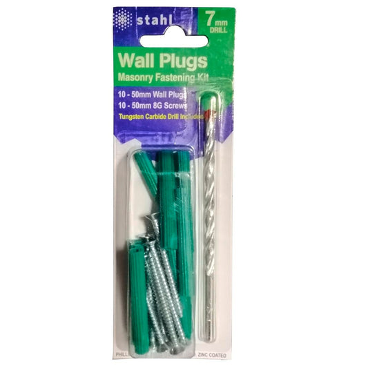 Stahl Masonry Kit - 7mm Drill - 50mm Green Wall Plugs - Easy Use - Auzzistore