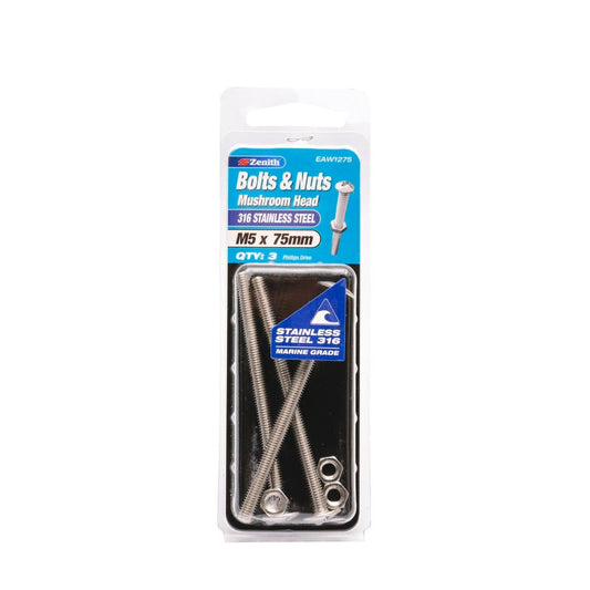 Zenith M5 x 75mm Mushroom Head Bolt and Nut 3 Pack Stainless Steel - Auzzistore