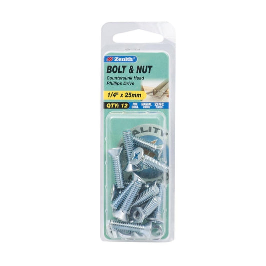 Zenith Countersunk Head Bolt and Nut 1/4 x 25mm Zinc Plated 12 Pack - Auzzistore