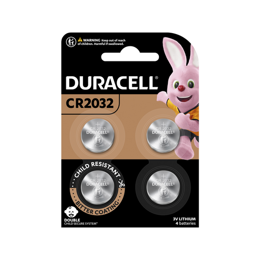 Duracell CR2032 3V Battery 4 Pack - Lithium Coin - 10 Year Shelf Life - Silver