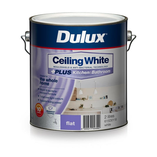 Dulux White Ceiling Plus Kitchen and Bathroom Paint - 2L - Water-Based - Mould Protection - Auzzistore