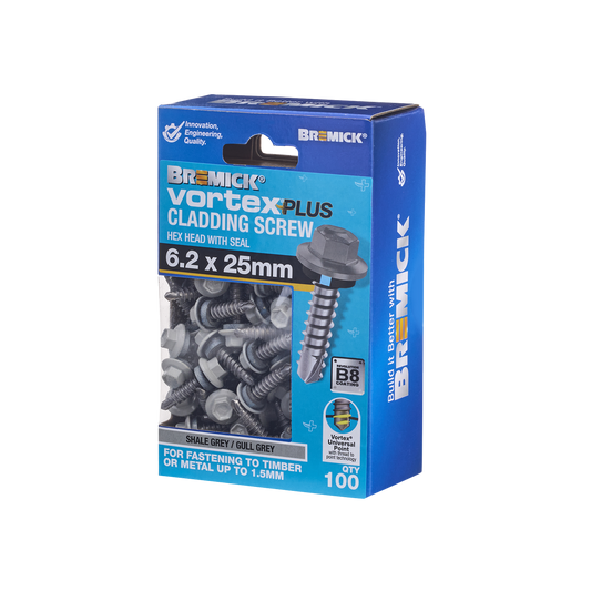 Bremick Vortex Plus Cladding Screw 6.2 x 25mm B8 Shale Grey - 100 Pack - Watertight Seal - Auzzistore