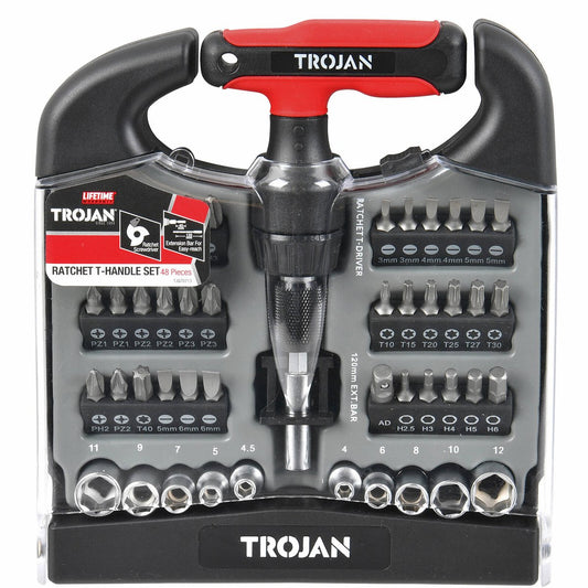 Trojan 48 Piece T Handle Ratchet Set - Adjustable Extension Bar 40-120mm - Auzzistore