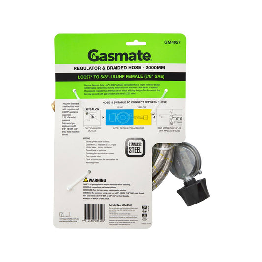 Gasmate Regulator Braided Hose 2000mm LCC27 to 5/8" UNF - Durable Gas Connection – view 2 - Auzzistore