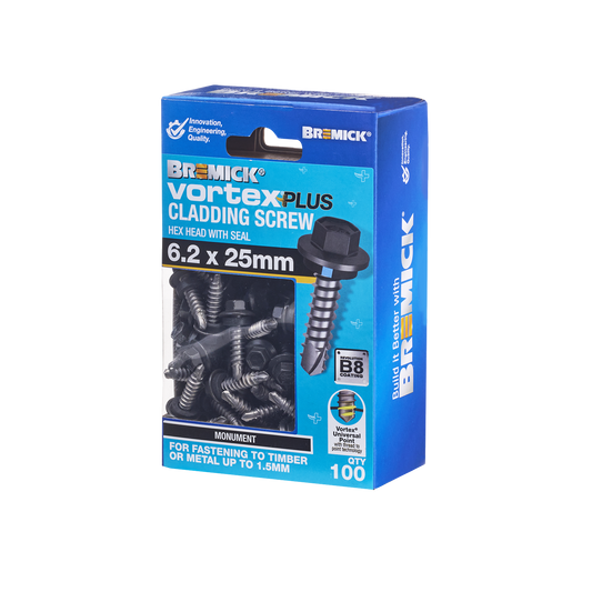 Bremick Vortex Plus Cladding Screw 6.2 x 25mm - Hex B8 Mo - Box 100 - Watertight Connection - Auzzistore