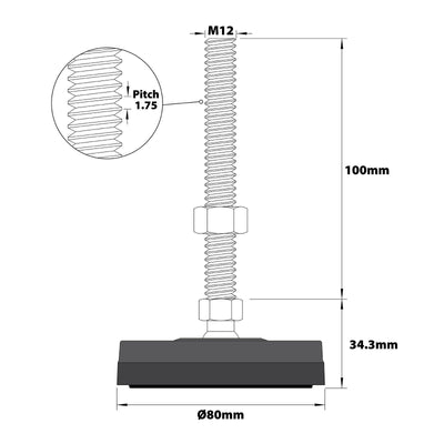 Easyroll 80mm Round Adjustable Foot - Nylon Rubber - Anti-Slip Vibration