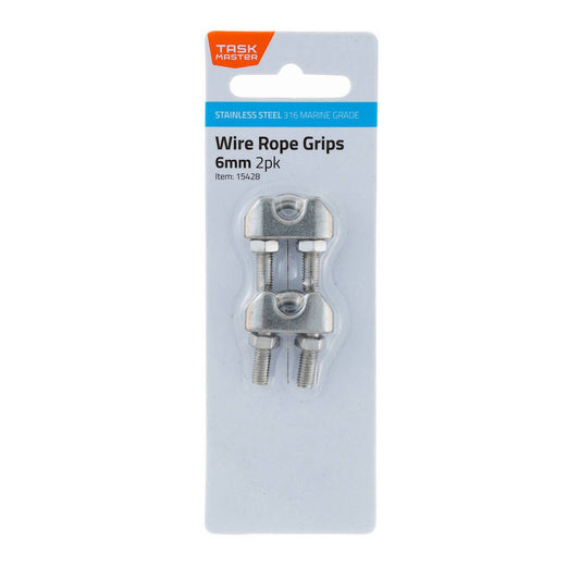 Taskmaster 6mm 316 Stainless Steel Wire Rope Grips 2 Pack - Durable - Anti-Corrosive - Auzzistore