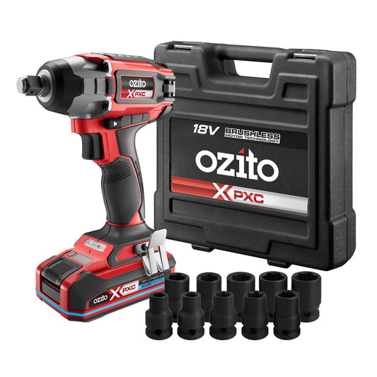 Ozito PXC 18V Brushless 1/2" Impact Wrench Kit - 10 Impact Sockets - 230NM Torque - Auzzistore