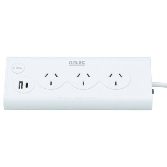 Arlec 3 Outlet Triangular Powerboard 70mm - White - Fast Charging USBs