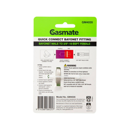 Gasmate Bayonet to 38 BSPT Quick Connect Fitting - Brass - 35mm x 60mm – view 2 - Auzzistore