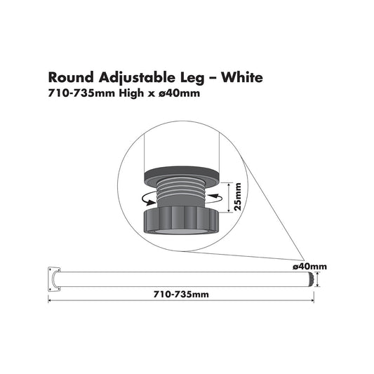 Adoored 40 x 710mm White Round Adjustable Metal Furniture Leg – view 2 - Auzzistore