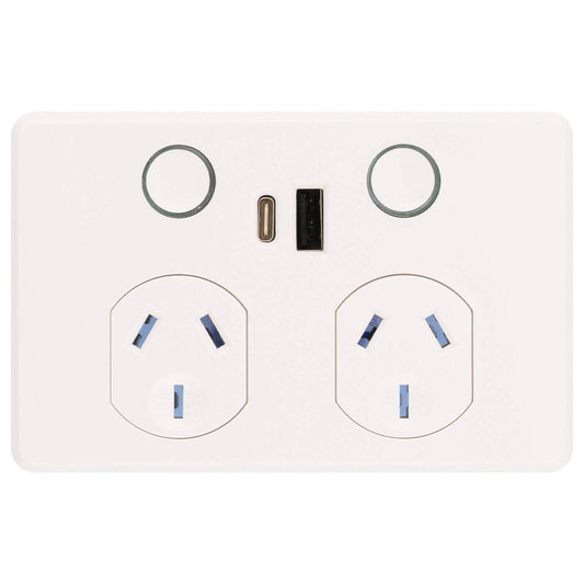 Deta Touch Double Power Point - USB A+C PD 20W Fast Charging - 50mm x 74mm x 115mm - Gloss White - Auzzistore