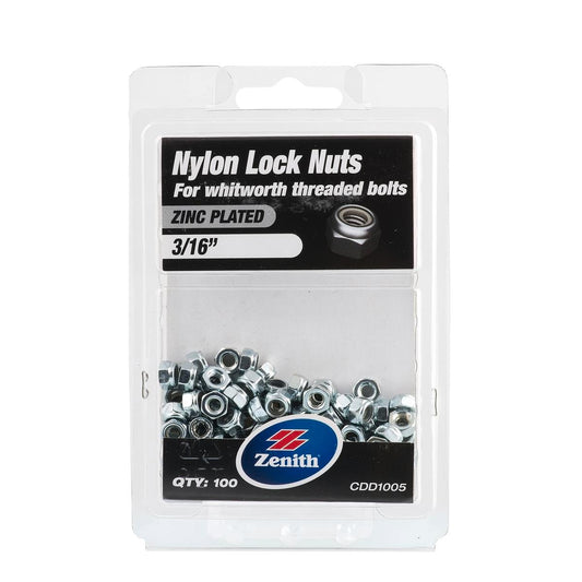 Zenith 3/16 Zinc Plated Nylon Lock Nut 100 Pack Steel Durable Secure - Auzzistore