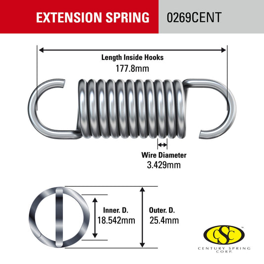 Century Spring Corp Extension Spring 25 x 177mm - High-Grade Steel - Durable – view 2 - Auzzistore
