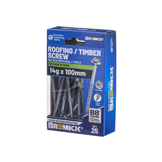 Bremick Hex Timber Screw 14g x 100mm - Box of 25 - Corrosion Resistant - Auzzistore