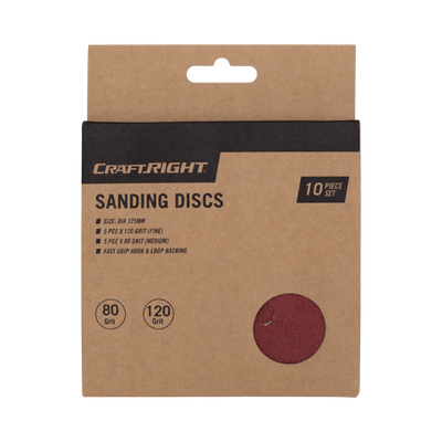 Craftright 125mm Hook and Loop Sanding Discs 10 Pack 80 120 Grit Durable