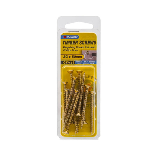 Zenith Brass Plated Hinge Screws 8g x 50mm Countersunk 15 Pack - Auzzistore