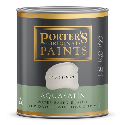 Porter S Aquasatin Enamel Paint 1L - Irish Linen - Washable - 1.441kg - Auzzistore