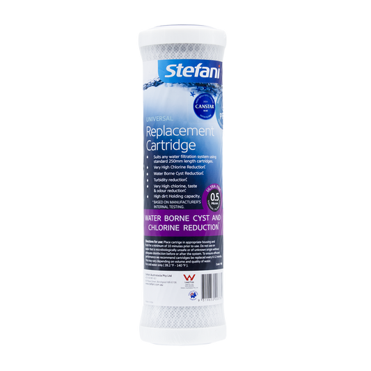 Stefani 250mm 0.5 Micron Universal Replacement Cartridge - Carbon Filter - Easy Installation - Reduces Chlorine Taste - Auzzistore