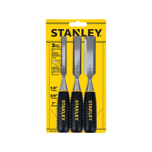 Stanley 3 Piece Wood Chisel Set - 13mm, 19mm, 25mm - Carbon Steel Blades - Black - Auzzistore