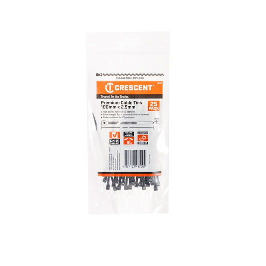 Crescent Black Cable Ties 100 x 2.5mm Nylon UV Resistant 25 Pack