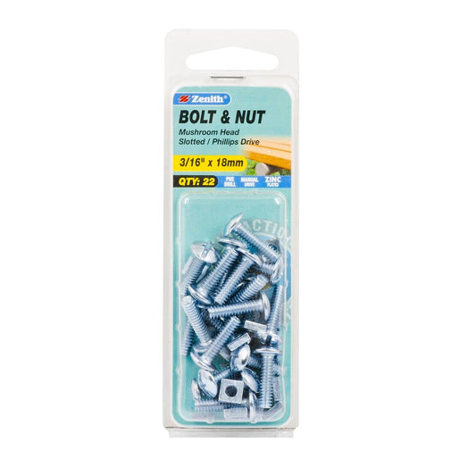 Zenith Mushroom Head Bolt & Nut - 3/16 x 18mm - Zinc Plated - 22 Pack - Auzzistore
