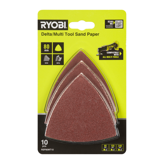 Ryobi 10 Piece 80mm Delta Multi Tool Sanding Set - 80/120/240 Grit - Auzzistore