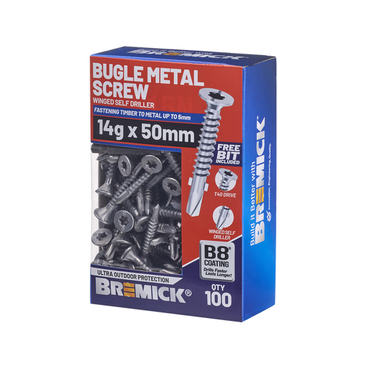 Bremick Metal Bugle Screw 14g x 50mm T40 B8 - Box of 100 - Corrosion Resistant - Auzzistore