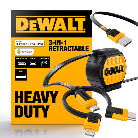 Dewalt 1m Retractable Charging Cable - 3 in 1 Type C, Micro USB, Lightning - Kevlar Reinforced