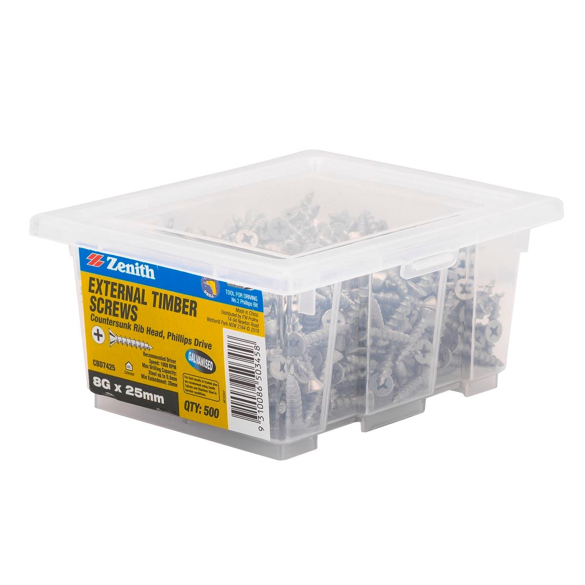 Zenith Timber Screws - 8g x 25mm - Carbon Steel - Galvanised - 500 Pack