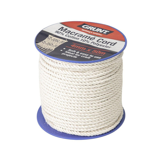 Grunt Macrame Cotton Cord 4mm x 50m - White - 90% Cotton 10% Polyester - Auzzistore