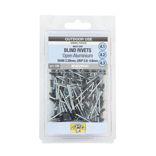 Otter Multi Grip Open Aluminium Blind Rivets 100 Pack - 2 x 0.8-4.8mm - Monument - Strong Vibration Resistance - Auzzistore