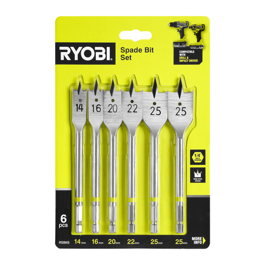 Ryobi 6 Piece Spade Bit Set - 14mm to 25mm - Wing Spur Design - Timber Drilling - Auzzistore