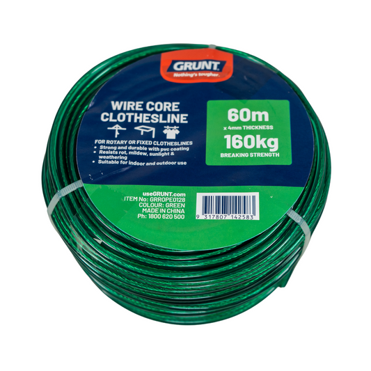 Grunt 4mm x 60m Green Clothesline Wire - Strong Durable PVC Coated