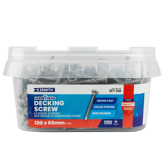 Zenith Large Head Decking Screw T25 12g x 65mm SS304 - 250 Pack - Strength & Stability - Auzzistore