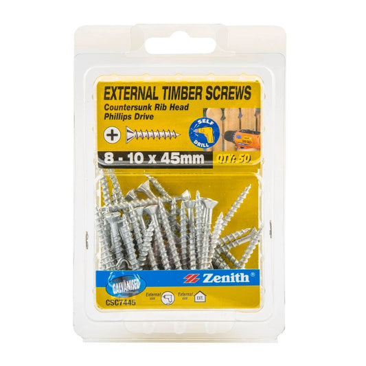 Zenith Timber Screws 10 x 45mm Galvanised 50 Pack Countersunk Ribbed - Auzzistore