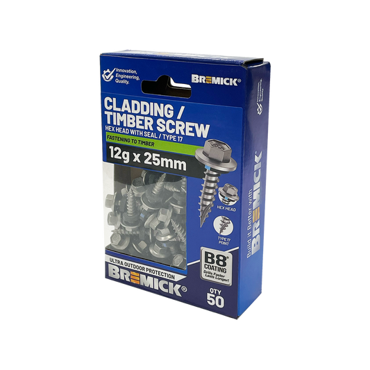 Bremick 12g x 25mm B8 Hex Cladding Screw - 50 Pack - High Corrosion Resistance - Auzzistore