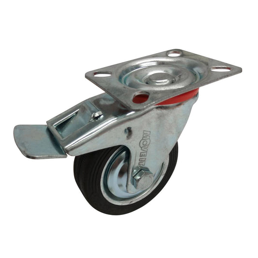 Move It 75mm Black Rubber Swivel Plate Castor with Brake 50kg Capacity - Auzzistore