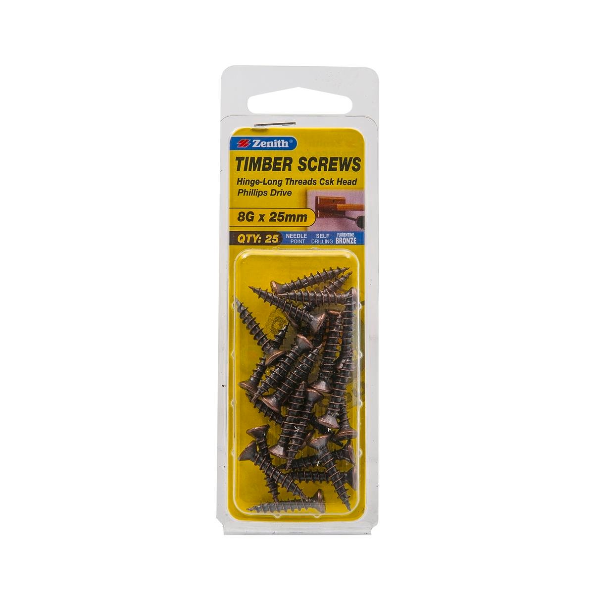 Zenith Timber Screws - 8g x 25mm - Florentine Bronze - Countersunk Head - 25 Pack