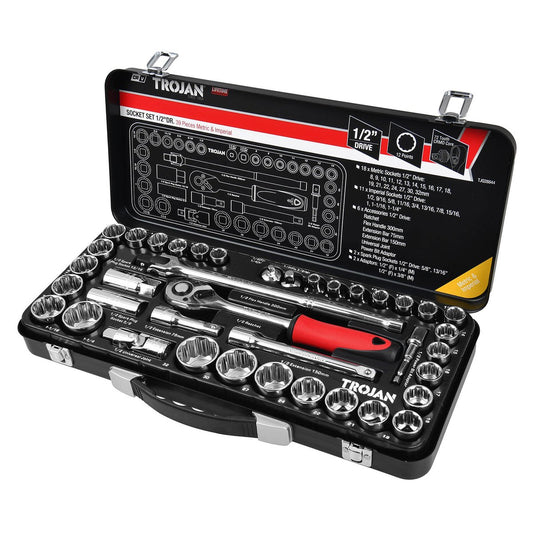 Trojan 39 Piece 1/2" Drive Socket Set - Metric & Imperial - Lifetime Warranty - Auzzistore