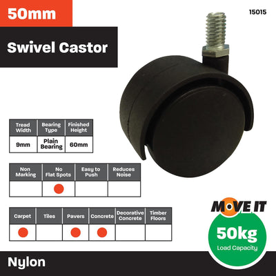 Move It 50mm Hooded Furniture Castor 2 Pack Steel Nylon Durable