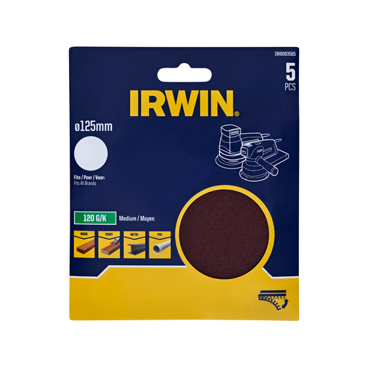 Irwin 125mm 120 Grit No Holes Quick Fit Random Orbital Sanding Discs - 5 Pack - Efficient Material Removal - Auzzistore