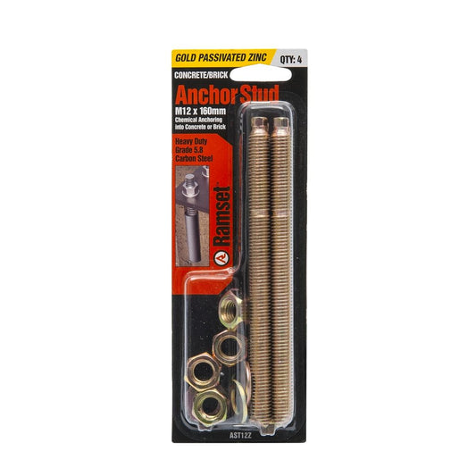Ramset Zinc Plated Anchor Stud 12mm x 160mm 4 Pack Heavy Duty - Auzzistore