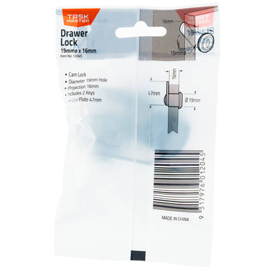 Taskmaster Drawer Lock - 19mm x 16mm - Includes 2 Keys - Security Use