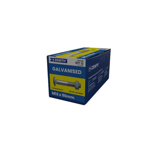 Zenith M12 x 90mm Hot Dip Galvanised Cup Head Bolts And Nuts 12 Pack - Auzzistore