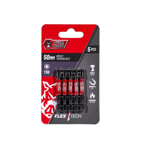 Full Boar Impact Torsion Bits Set - T30 x 50mm - 5 Pack - High Torque Durability - Auzzistore